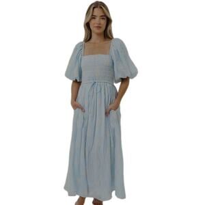 Worth Collective Womens Aimee Smocked Embroidered Floral Midi Dress XL Blue